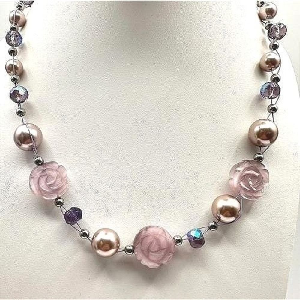 Unbranded Beaded Necklace Vintage 90s Womens OS Lavender Pink Excellent Floral